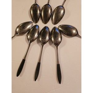 Vintage Epic Teaspoons Set Eight Forged Stainless Japan Wood Handle Canoe  MCM
